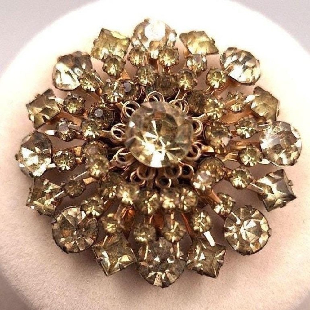 Vintage rhinestone brooch earrings set lemon lime color gold tone mid century